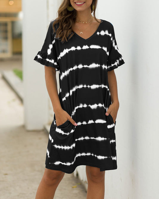 Pocket Striped Mini Dresses Lotus Sleeve
