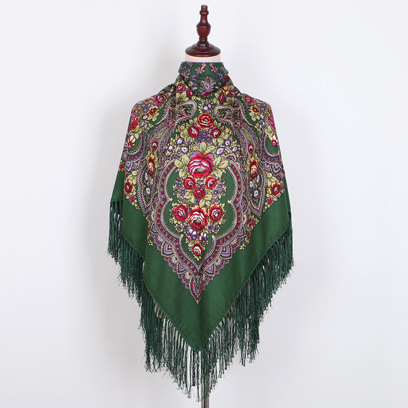Ethnic Retro Flower Square Scarf Shawl Fringed Scarves for Women Ladies Girls