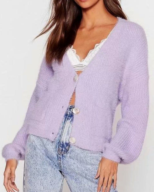 Knit V-neck Single-breasted Lantern Sleeve Cardigans