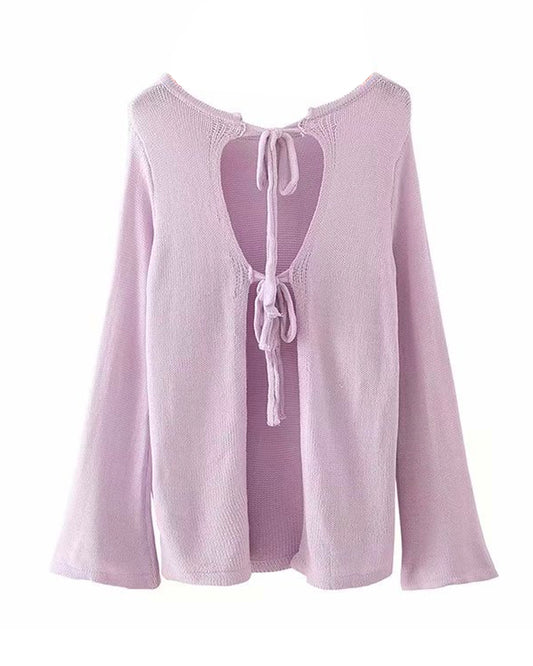 Flared Sleeves Tie Knitting Tops Shorts Two-piece Set