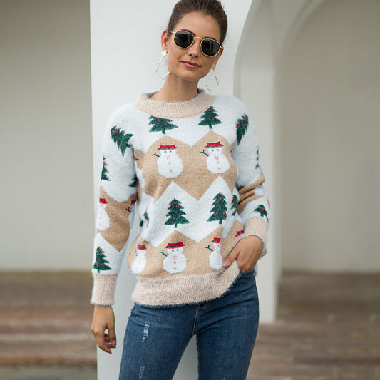 Christmas Tree and Snowman Pattern Long Sleeve Sweater