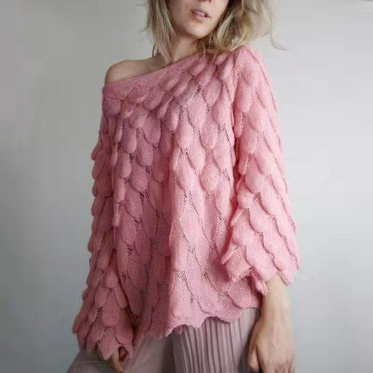 Hollow Leaves Feather Horn Sleeve Knit Off-the-shoulder Sweater