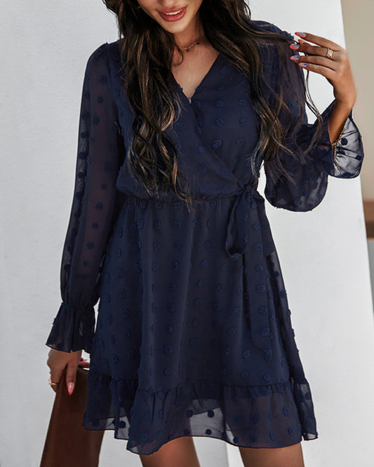 Lace-up V-neck Ruffled Flared Sleeve Mini Dresses