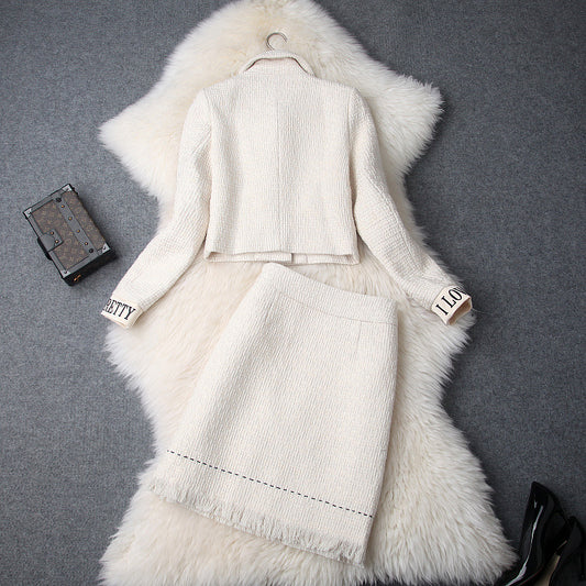 Lapel Bow Long Sleeve Short Jacket & Tweed Tassel Skirt Dress Suit