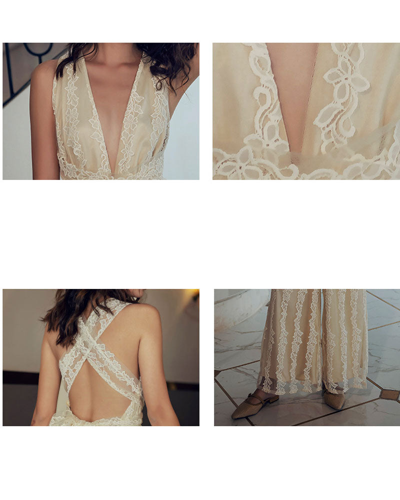 Elegant Lace V-neck Cross Strap Backless Jumpsuit