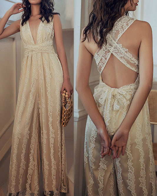 Elegant Lace V-neck Cross Strap Backless Jumpsuit