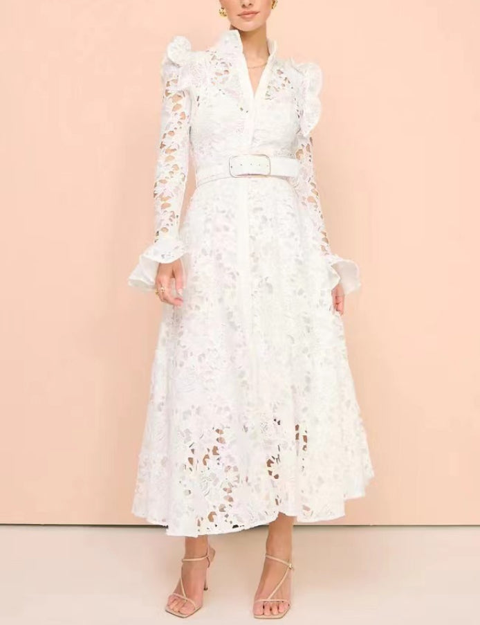 Floral Embroidered Crochet Stand Collar Midi Dresses