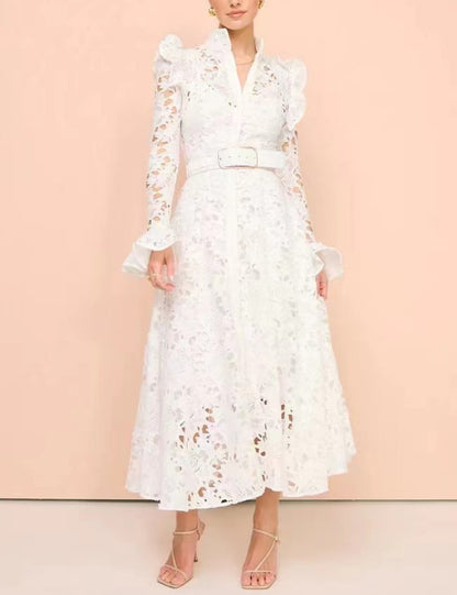 Floral Embroidered Crochet Stand Collar Midi Dresses