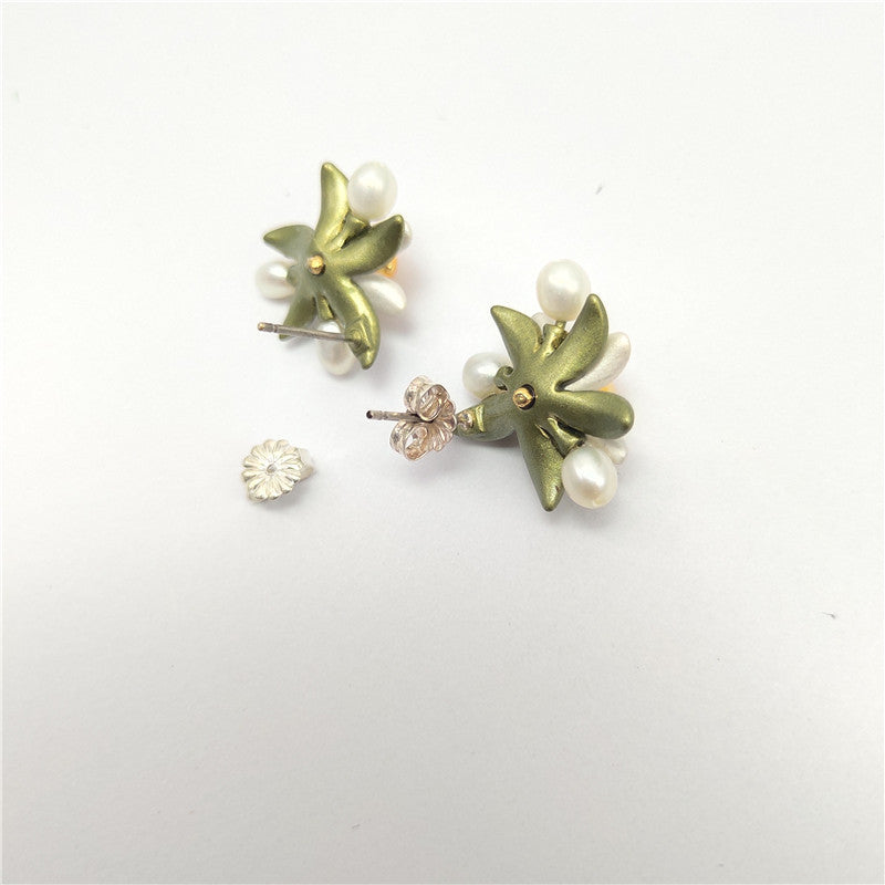 Genuine Freshwater Pearls Flower Earrings With Silver Needle