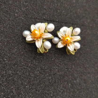 Genuine Freshwater Pearls Flower Earrings With Silver Needle