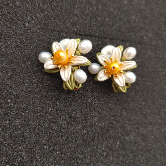 Genuine Freshwater Pearls Flower Earrings With Silver Needle