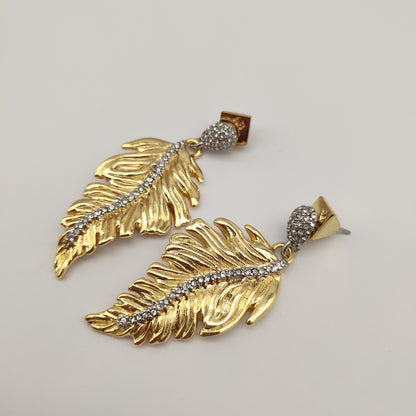 24K Solid Gold Plated Earrings Gorgeous Diamonds Feather Jewelry