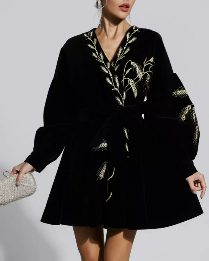 Velvet Wheat Embroidery Mini Dresses