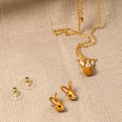 24K Solid Gold Plated Rabbit Pendant Necklace Earrings With Silver Needle
