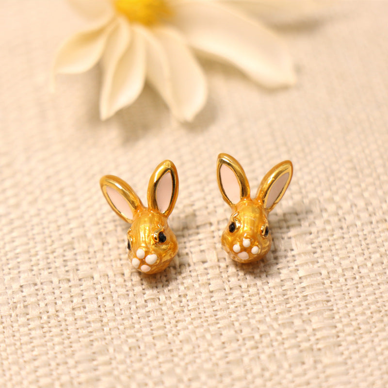 24K Solid Gold Plated Rabbit Pendant Necklace Earrings With Silver Needle