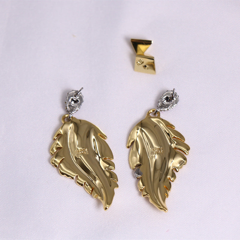 24K Solid Gold Plated Earrings Gorgeous Diamonds Feather Jewelry