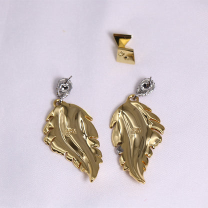 24K Solid Gold Plated Earrings Gorgeous Diamonds Feather Jewelry