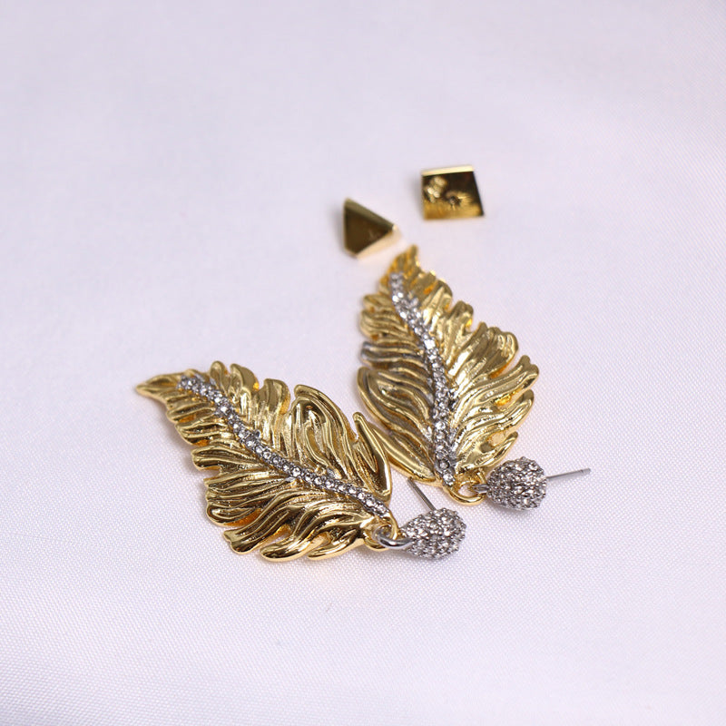 24K Solid Gold Plated Earrings Gorgeous Diamonds Feather Jewelry