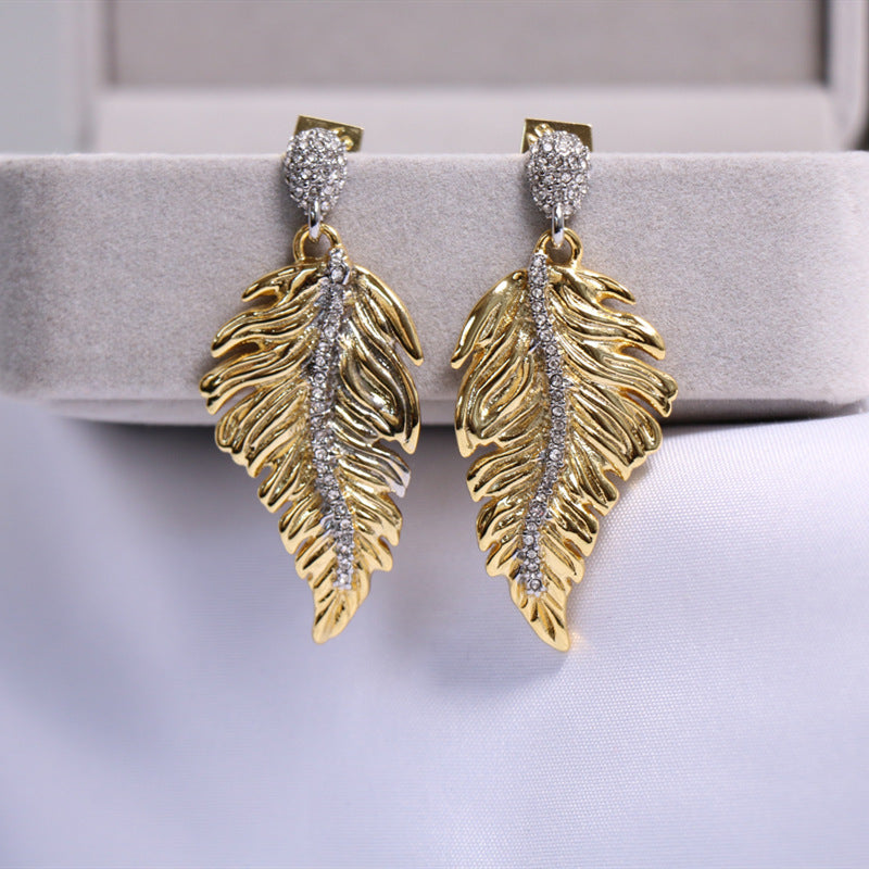 24K Solid Gold Plated Earrings Gorgeous Diamonds Feather Jewelry