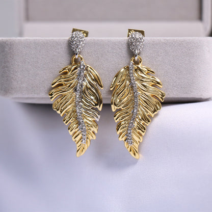 24K Solid Gold Plated Earrings Gorgeous Diamonds Feather Jewelry