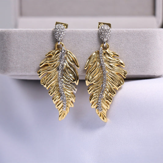 24K Solid Gold Plated Earrings Gorgeous Diamonds Feather Jewelry