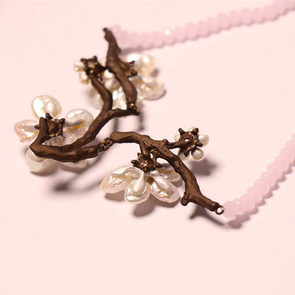 Genuine Baroque Pearls Necklace 24K Gold Plated Sakura Rose Quartz Chain Pendant