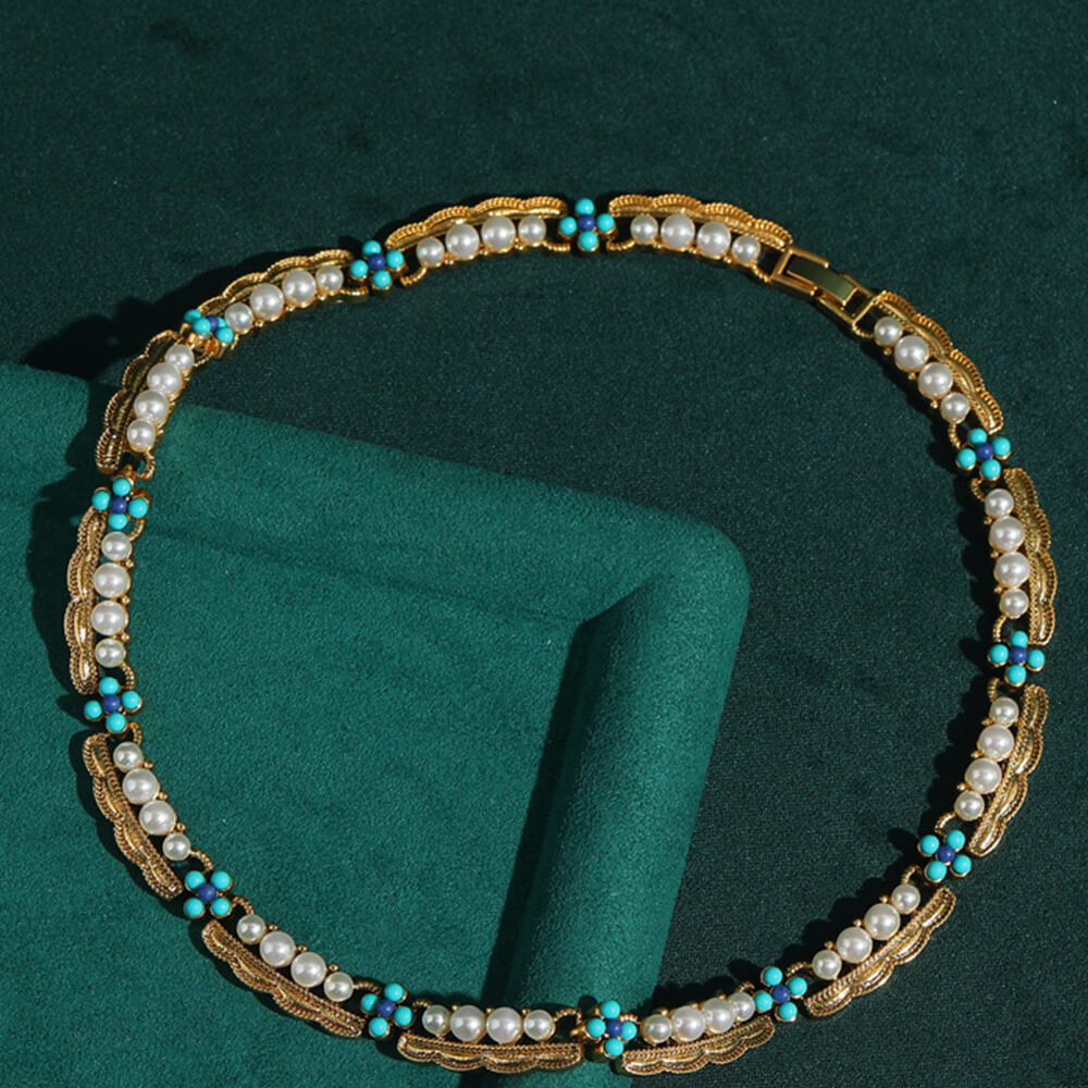 Vintage Jewelry Gold Necklace Pearl Gems Choker