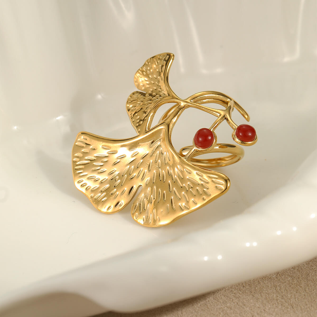 18k Gold Plated Earrings Leaf Shaped Rings Pearl Bracelet Set