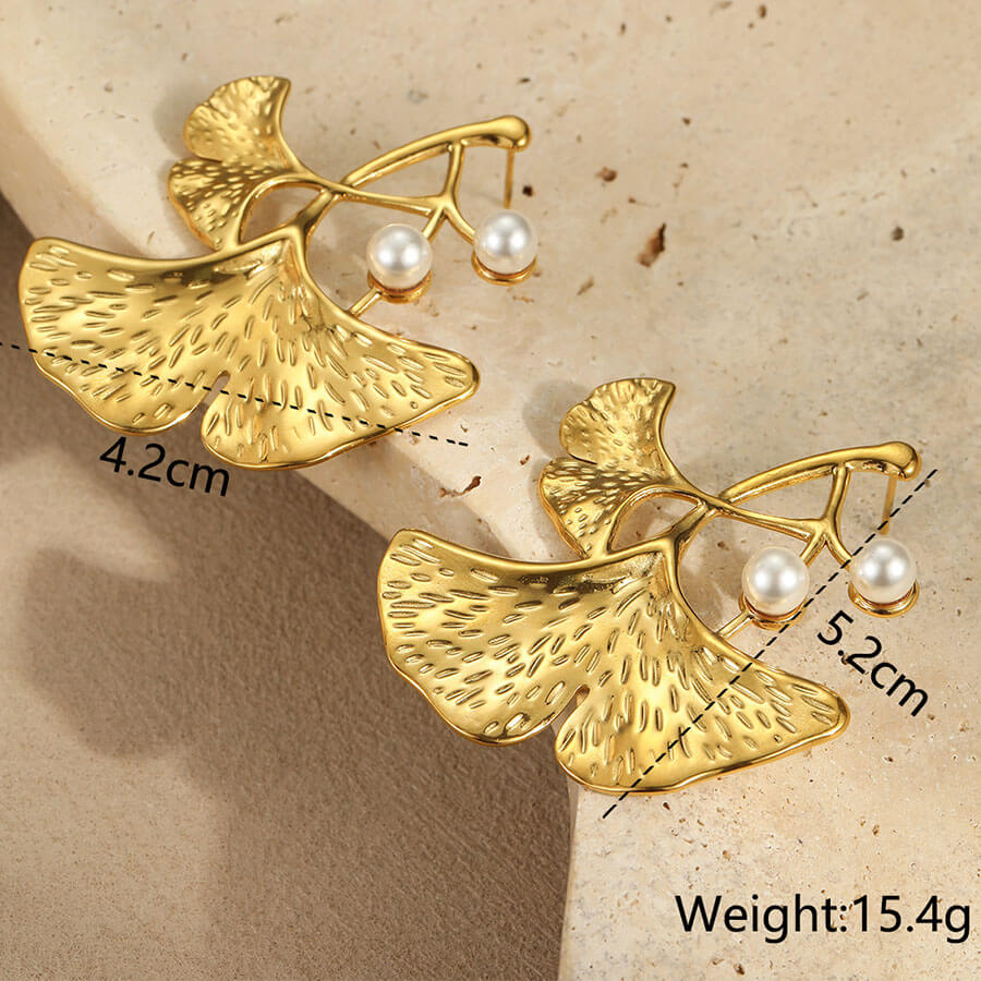 18k Gold Plated Earrings Leaf Shaped Rings Pearl Bracelet Set