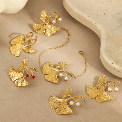 18k Gold Plated Earrings Leaf Shaped Rings Pearl Bracelet Set