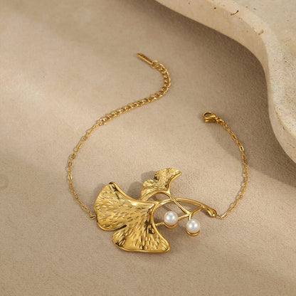 18k Gold Plated Earrings Leaf Shaped Rings Pearl Bracelet Set