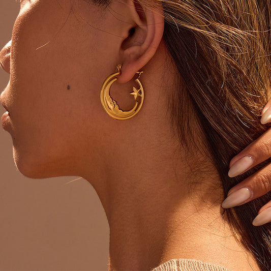 18k Gold Plated Huggie Earrings Gorgeous Moon and Star Jewelry