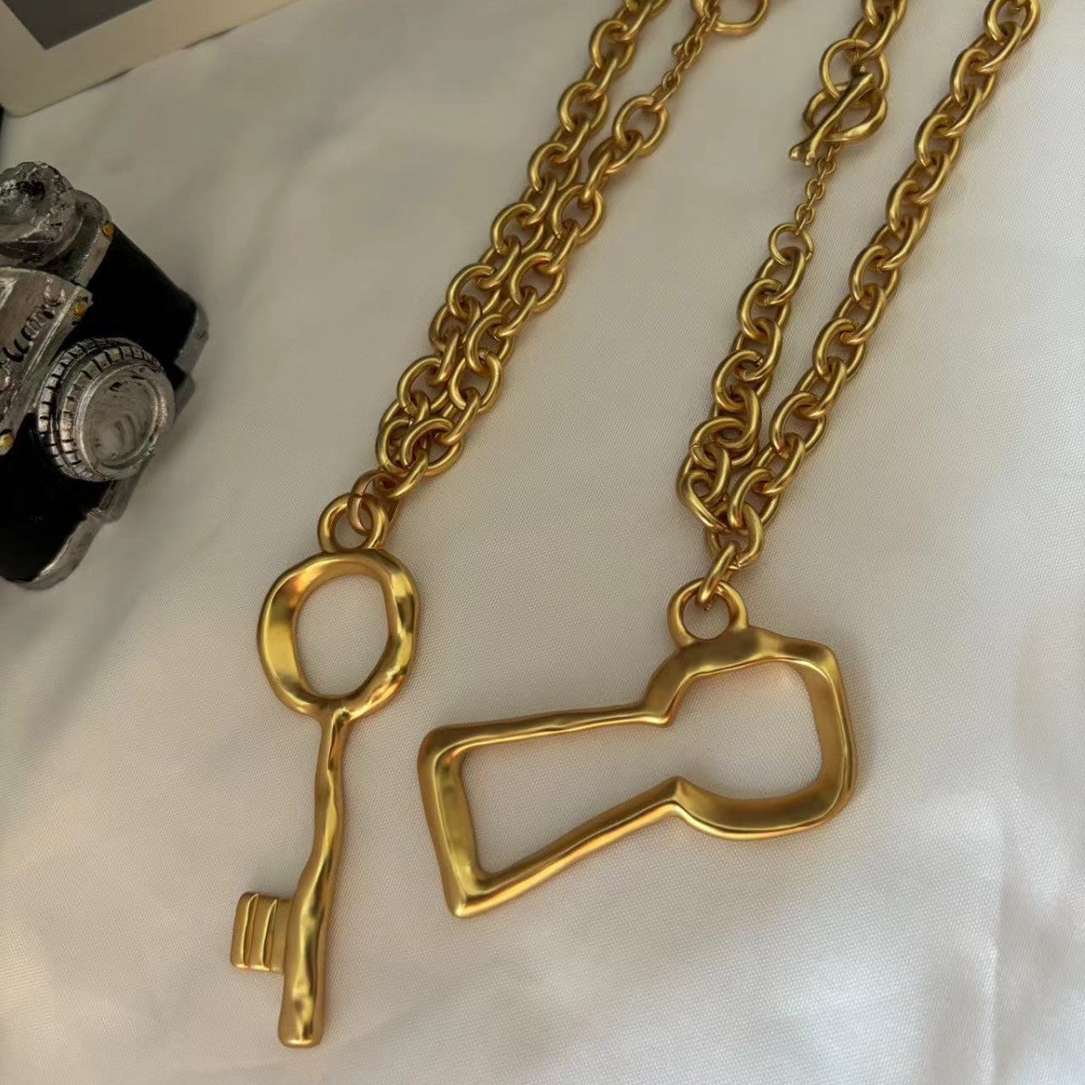 24K Solid Gold Plated Hypoallergenic Brass Key Pendant Couple Necklace