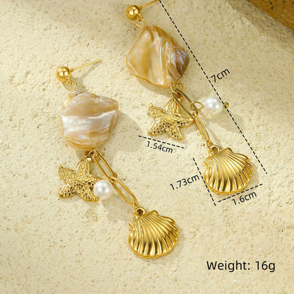 18k Gold Plated Titanium Steel Earrings Gorgeous Pearl Starfish Shell Pendant