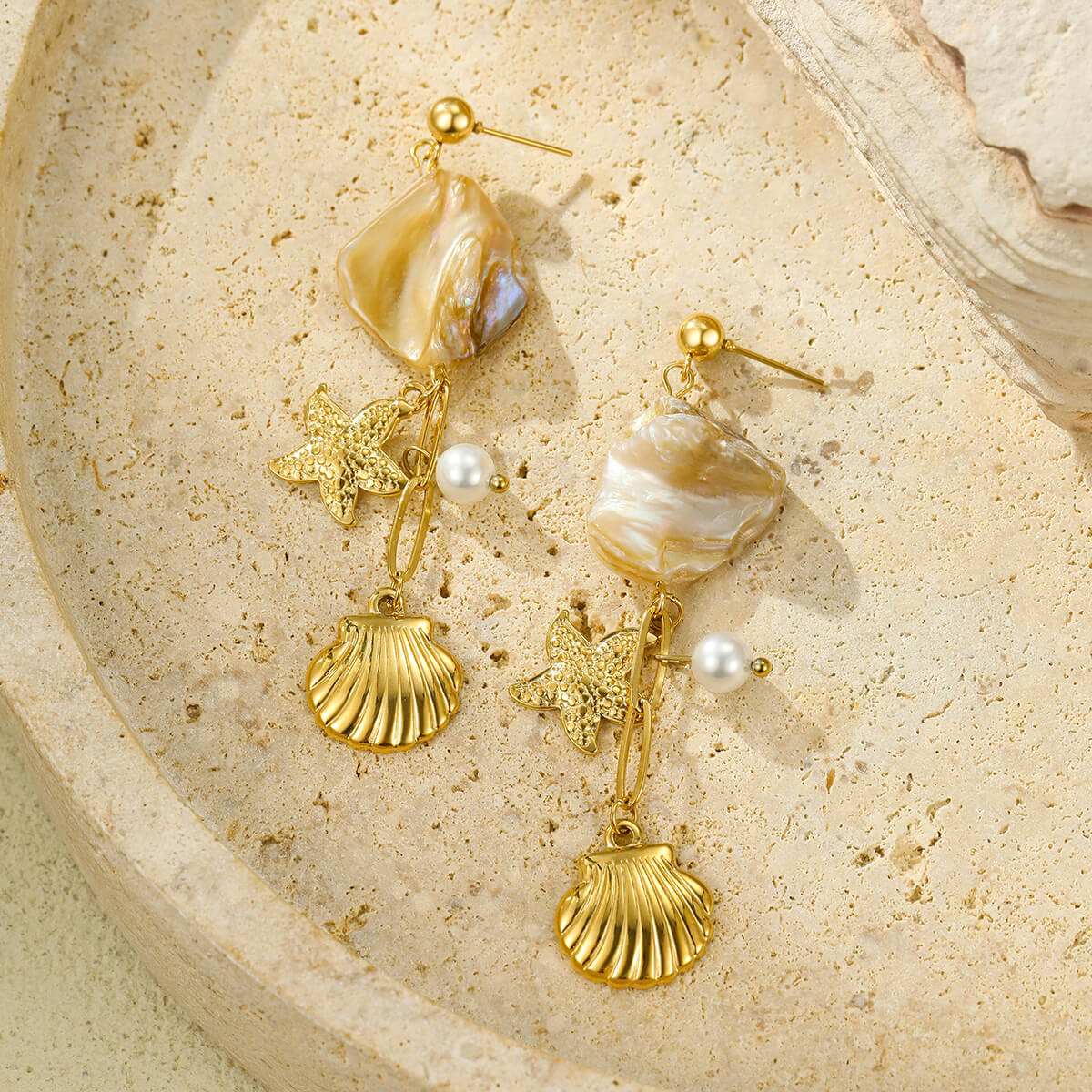 18k Gold Plated Titanium Steel Earrings Gorgeous Pearl Starfish Shell Pendant