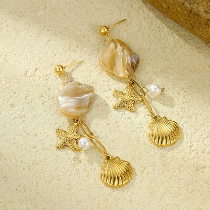 18k Gold Plated Titanium Steel Earrings Gorgeous Pearl Starfish Shell Pendant