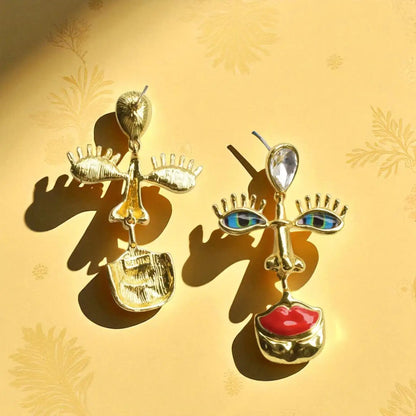 18K Solid Gold Plated Baroque Eye & Lip Earrings