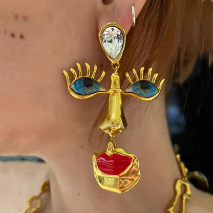 18K Solid Gold Plated Baroque Eye & Lip Earrings
