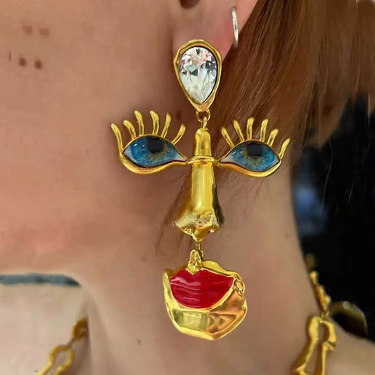 18K Solid Gold Plated Baroque Eye & Lip Earrings