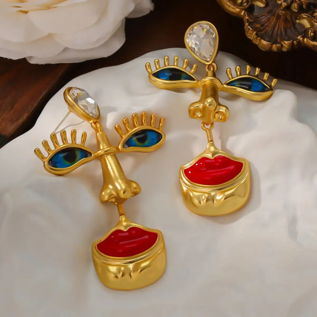 18K Solid Gold Plated Baroque Eye & Lip Earrings