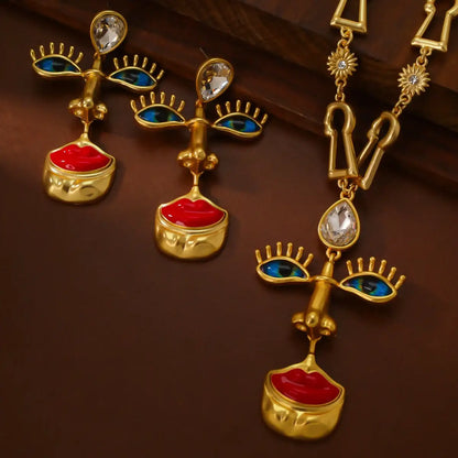 18K Solid Gold Plated Baroque Eye & Lip Earrings