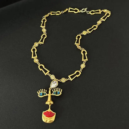 18K Solid Gold Plated Baroque Eye & Lip Necklace