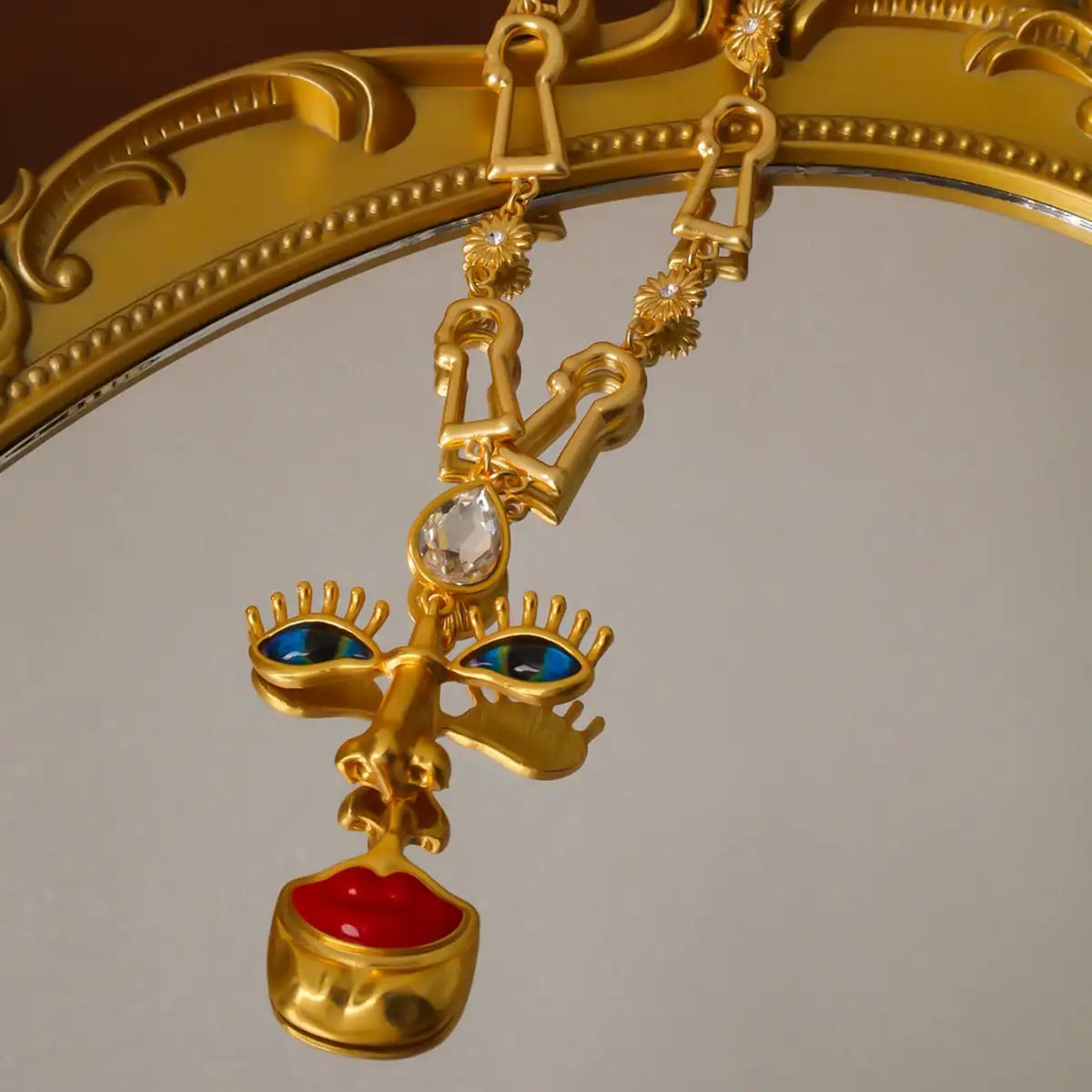 18K Solid Gold Plated Baroque Eye & Lip Necklace