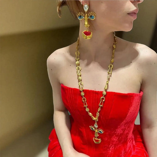 18K Solid Gold Plated Baroque Eye & Lip Necklace