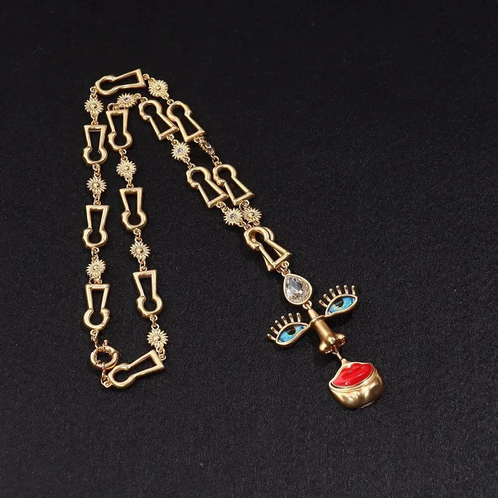 18K Solid Gold Plated Baroque Eye & Lip Necklace