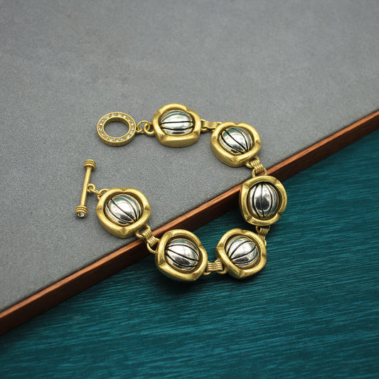 24K Solid Gold Plated And S925 Silver Plated Pumpkin Bracelet, Hypoallergenic Brass Vintage Jewelry
