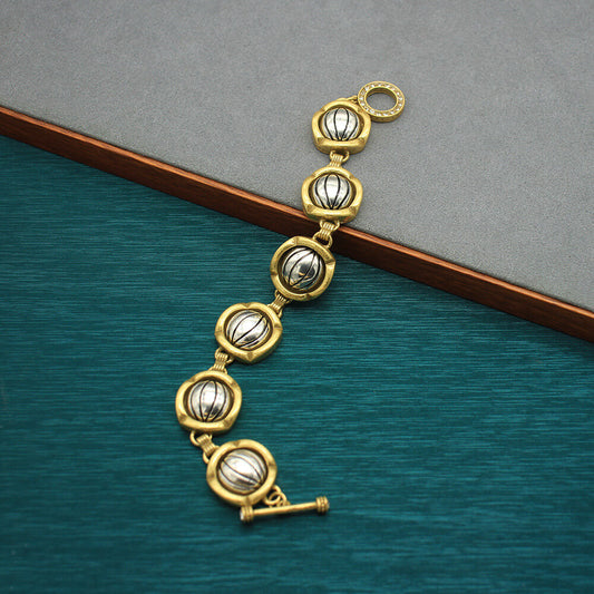 24K Solid Gold Plated And S925 Silver Plated Pumpkin Bracelet, Hypoallergenic Brass Vintage Jewelry