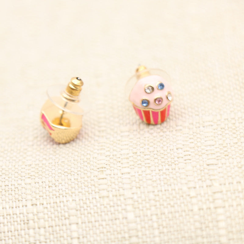 24K Solid Gold Plated Diamond Earrings Enamel Cupcakes Pendant