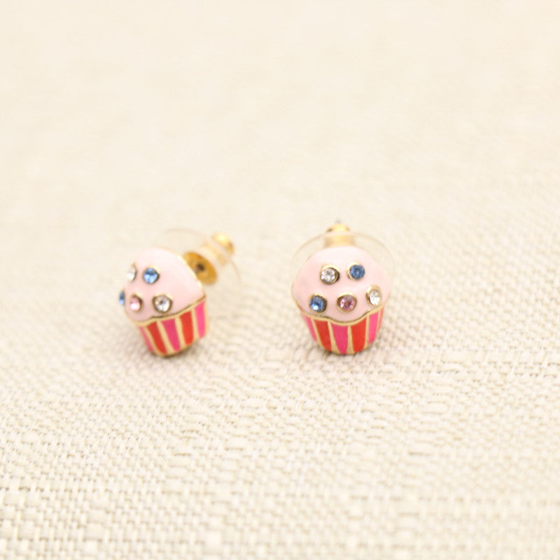 24K Solid Gold Plated Diamond Earrings Enamel Cupcakes Pendant