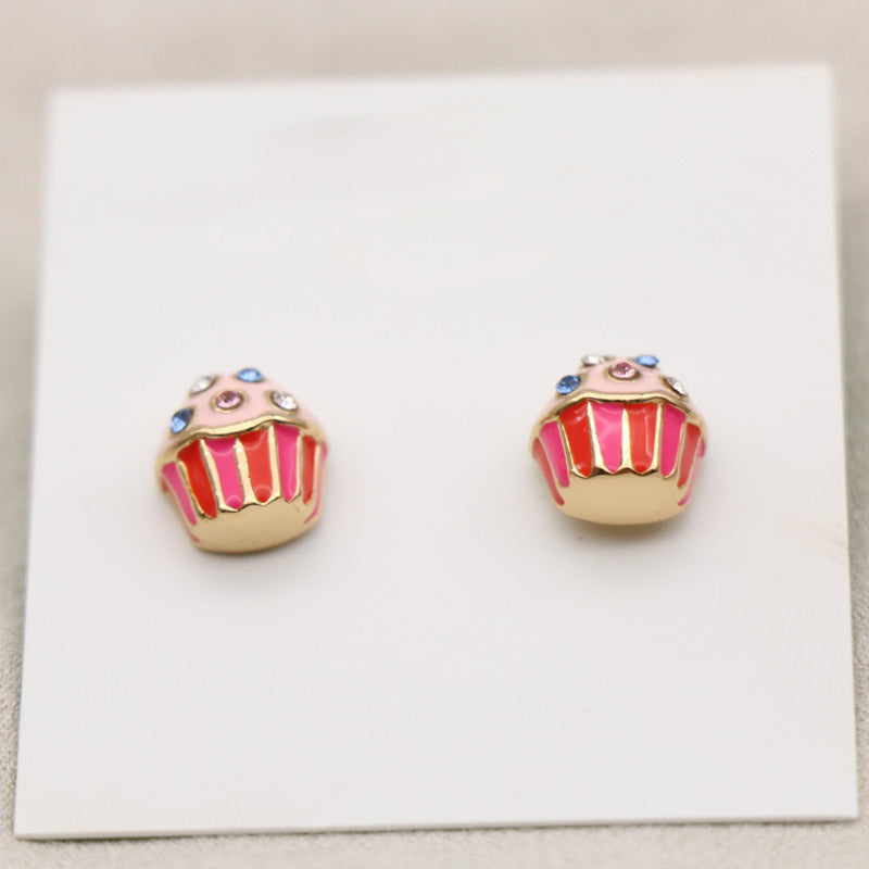24K Solid Gold Plated Diamond Earrings Enamel Cupcakes Pendant